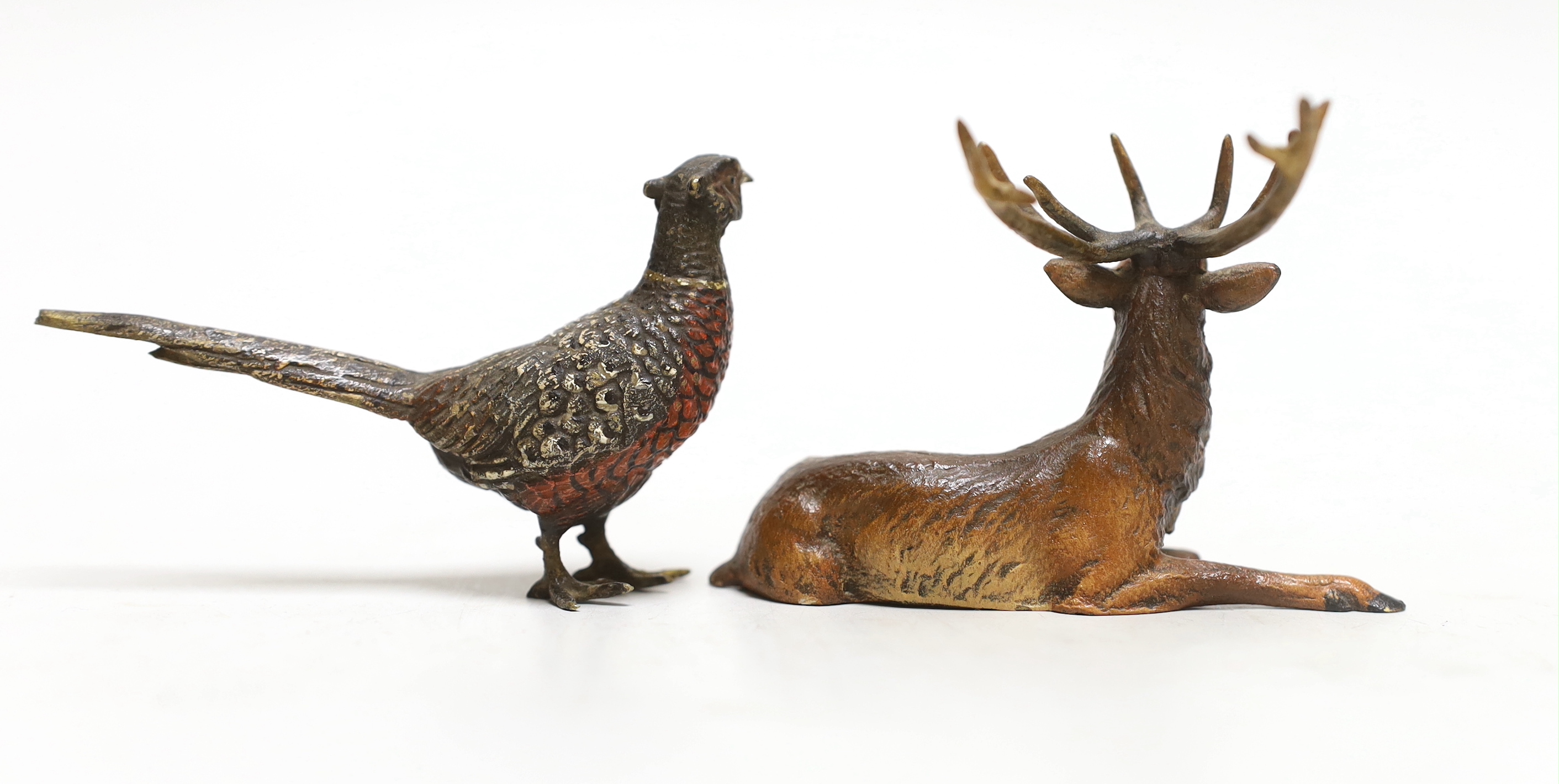 Two Austrian cold painted bronze animals: a stag and a pheasant, tallest 6cm